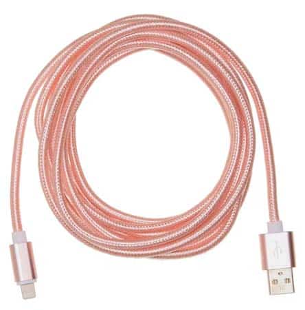 Pink extra long iPhone charging cable coiled on white background.