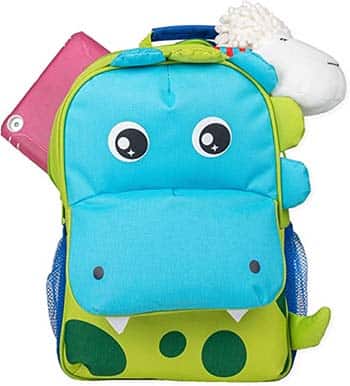 Blue and green dinosaur backpack with lamb and iPad coming out the top. 