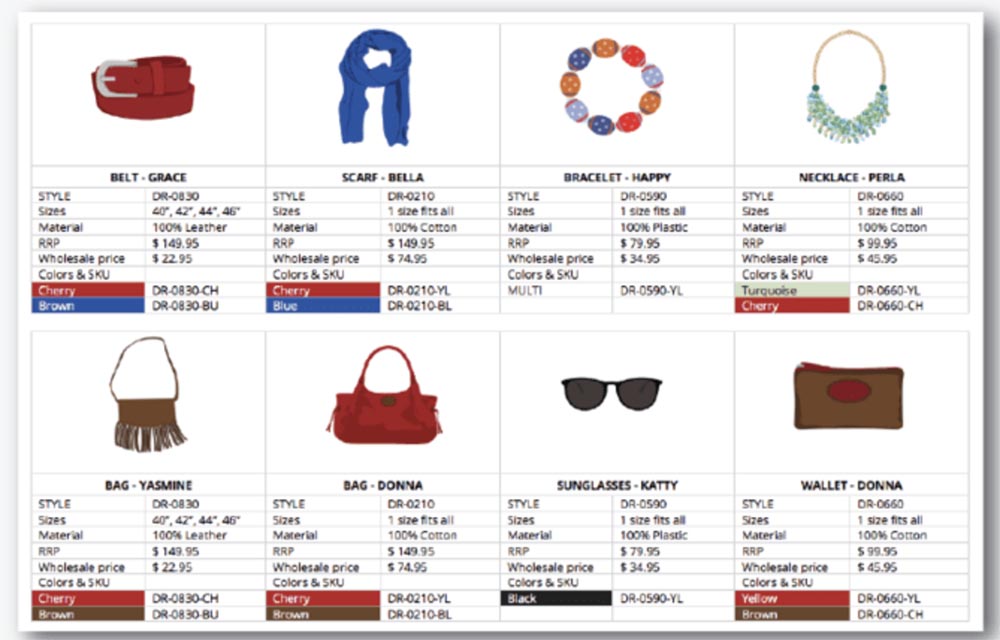 Fashion line sheet product page accessories bags shades necklace.