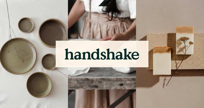 Handshake logo on background with three images of bowls, a woman in a workshop, and soap.