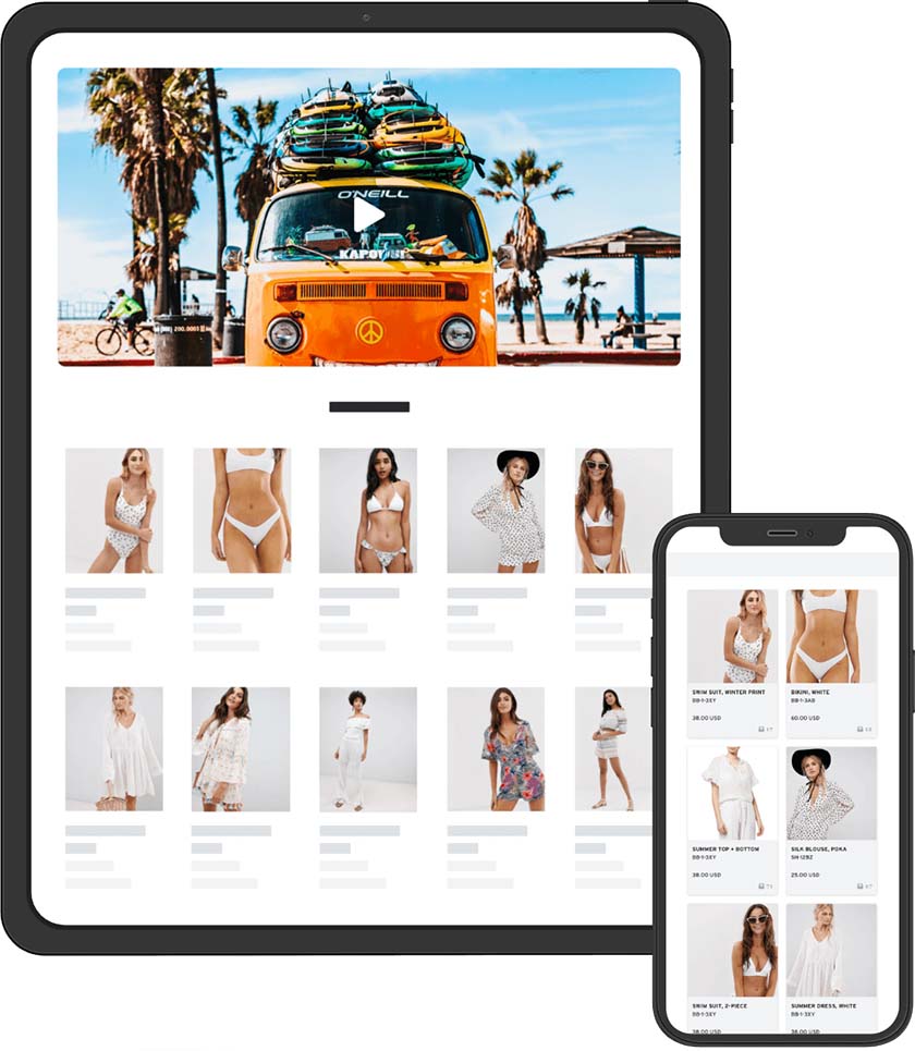 Product wholesale line sheets in mobile and iPad views.