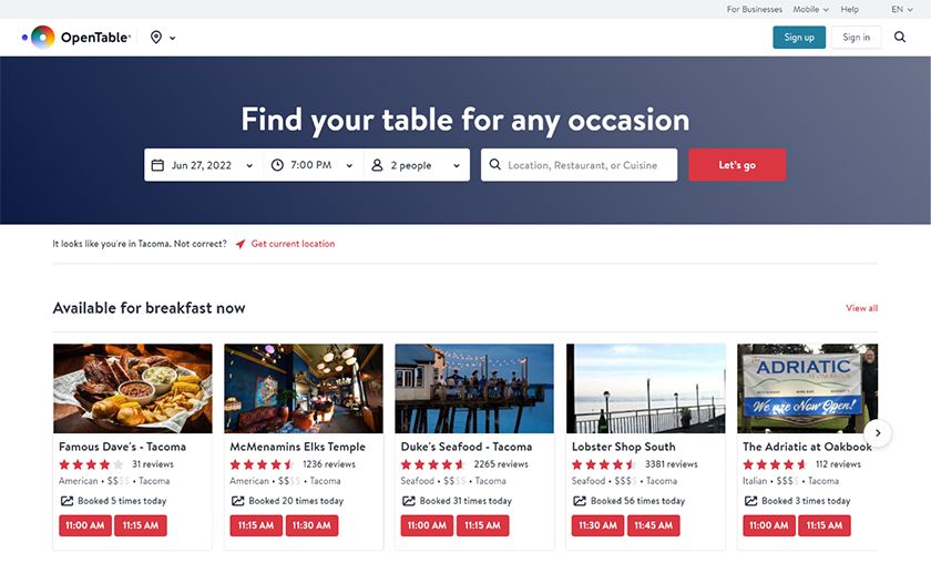 OpenTable online directory of restaurants bars and other eateries.